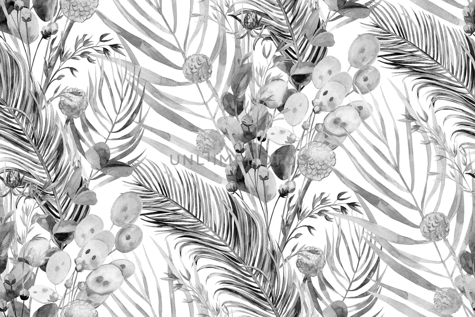 Monochrome watercolor seamless pattern with herbarium of flowers and tropical palm leaves by MarinaVoyush