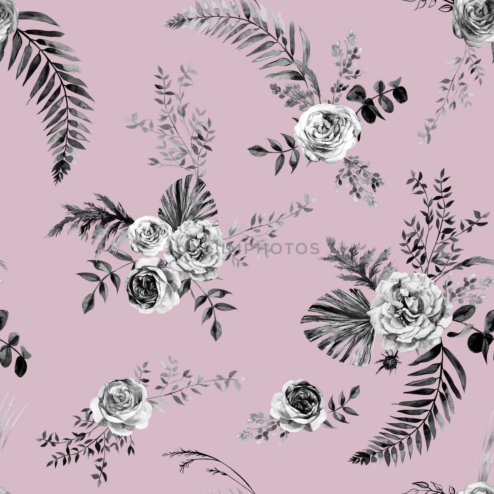 Watercolor vintage black and white seamless pattern with flowers of delicate roses and tropical palm leaves for summer textiles of women's dresses