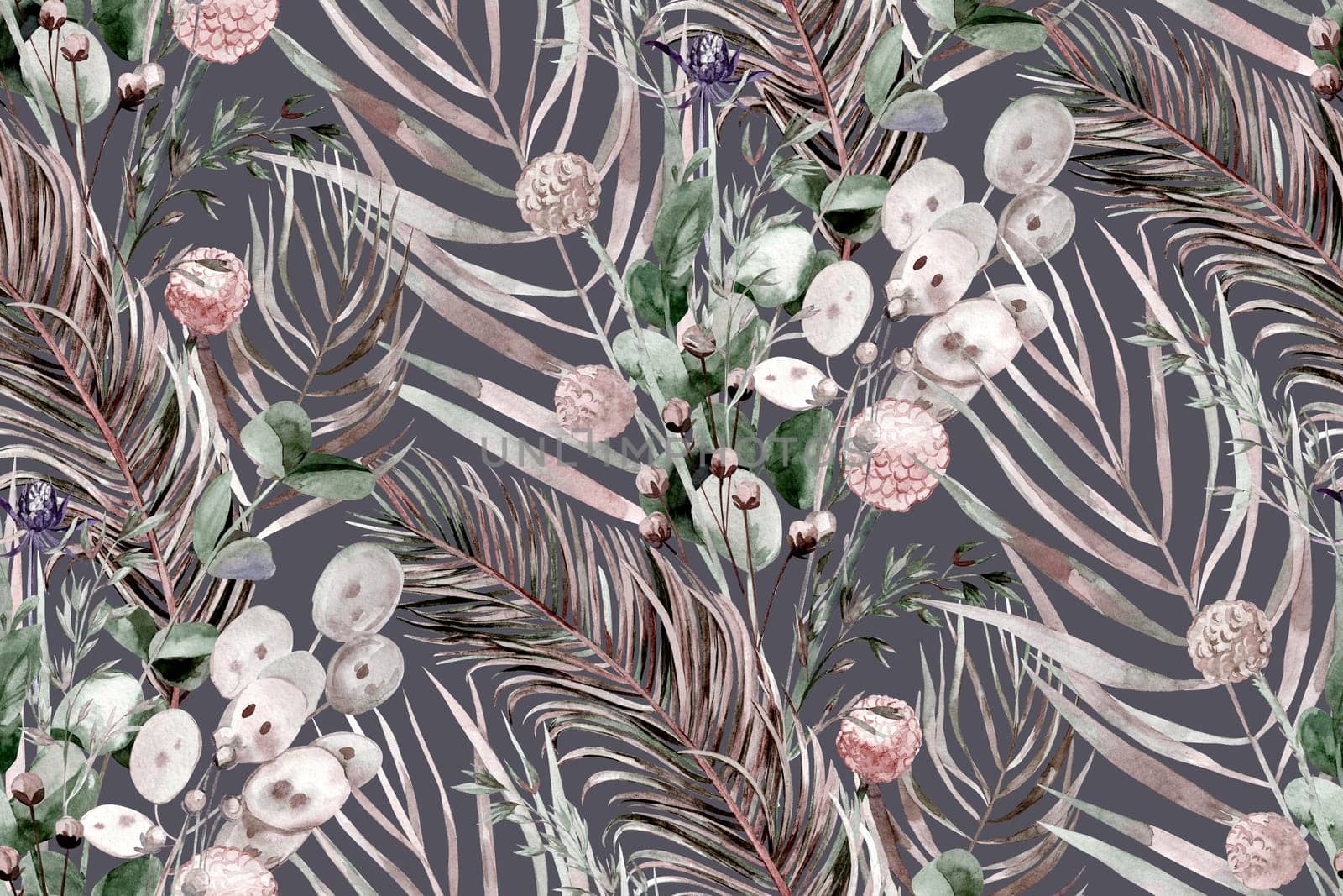 Seamless pattern with herbs and palm leaves and tropical leaves in boho style for textile