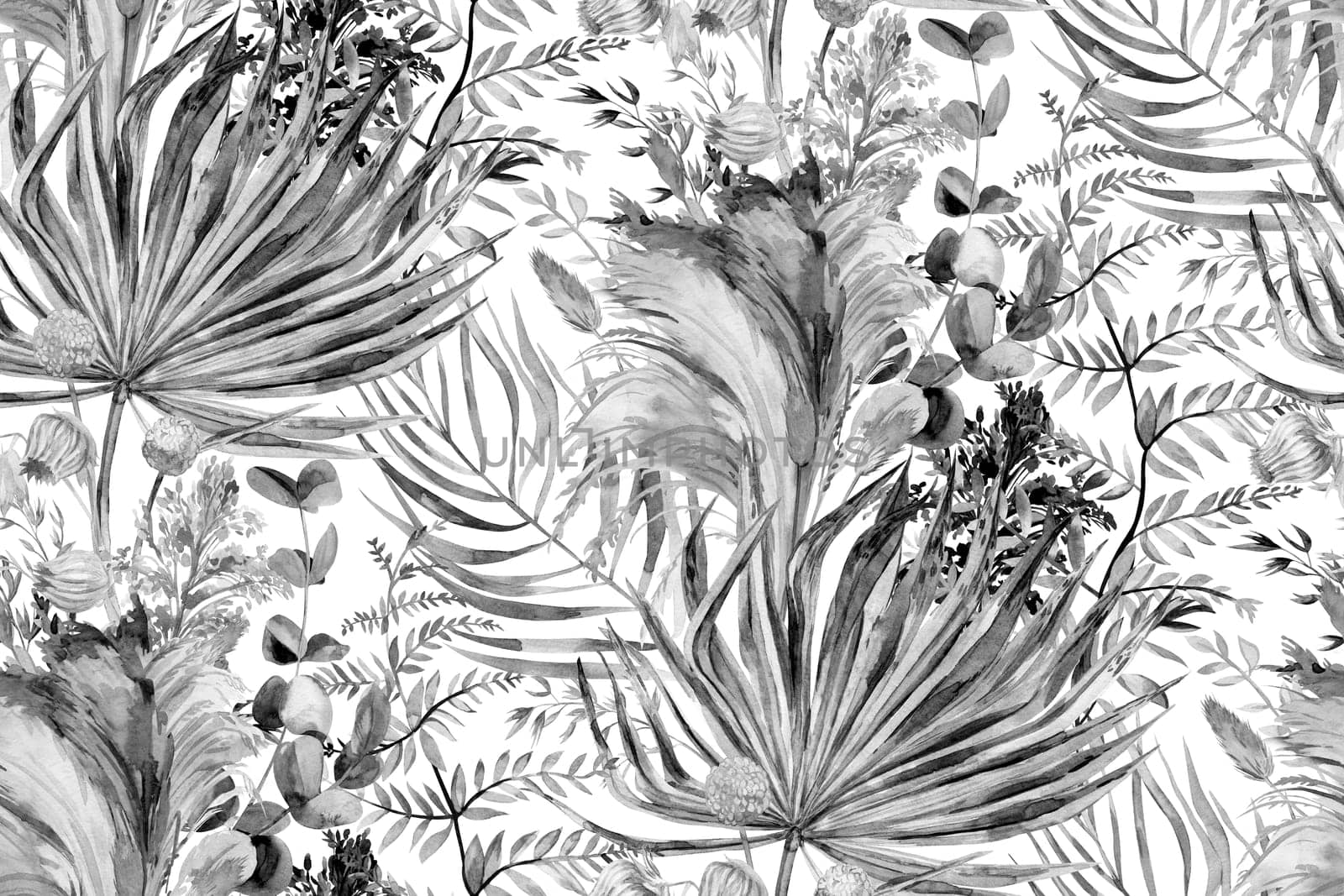 Seamless monochrome pattern with dry tropical palm leaves and pampas grass painted in watercolor for textile and surface design in boho style