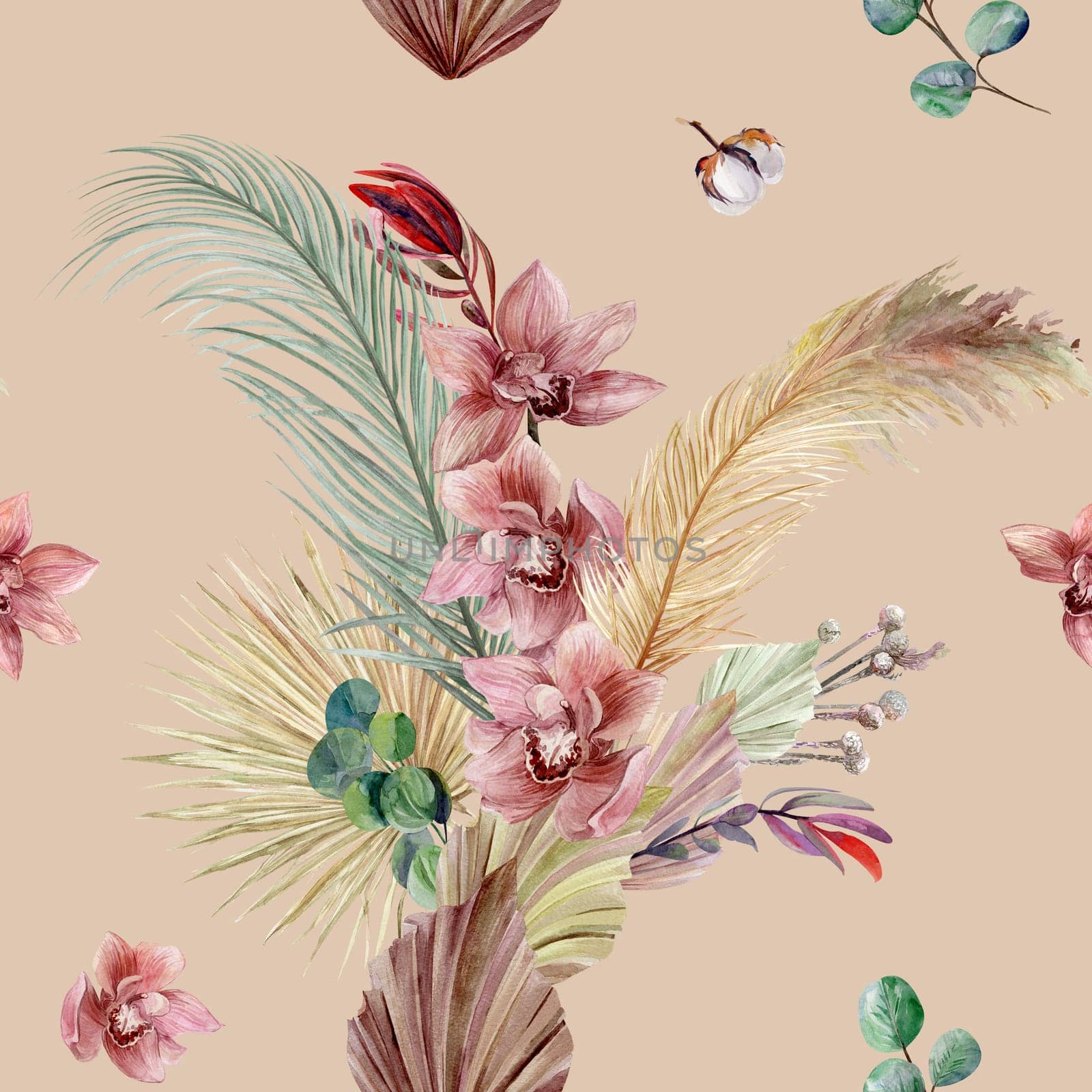 Bouquet with orchids and dry palm leaves on a beige background. Pattern seamless in boho style for textiles and design. Botanical summer motif