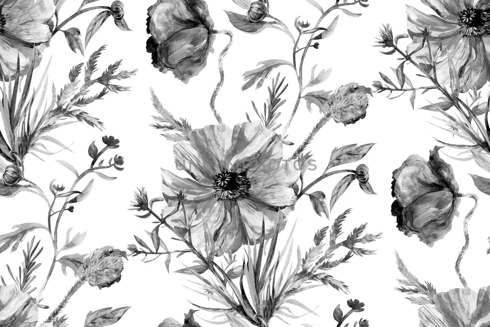 Watercolor seamless pattern with monochrome poppy flowers on a white background by MarinaVoyush