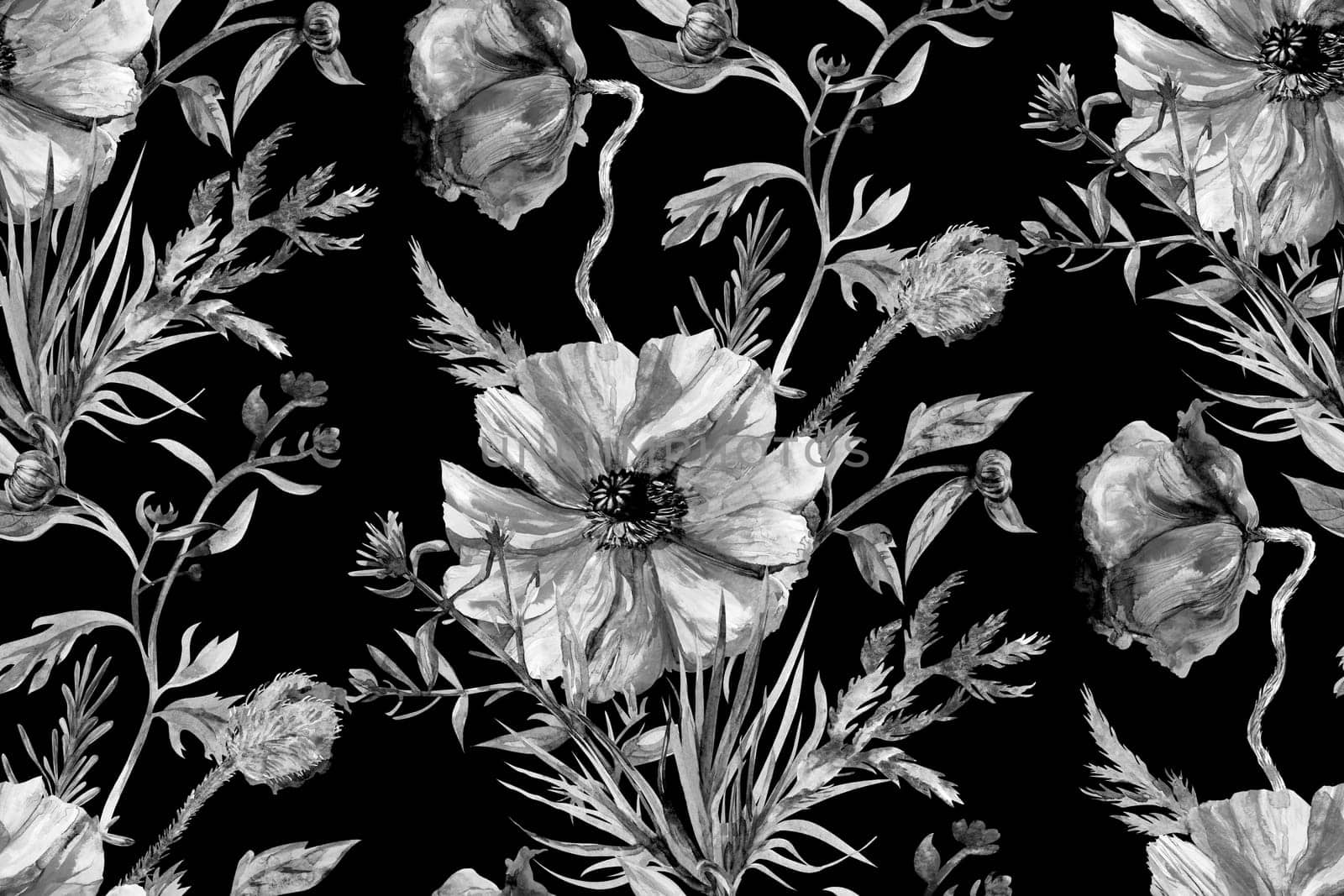 Watercolor retro seamless pattern with monochrome poppy flowers on a black background by MarinaVoyush