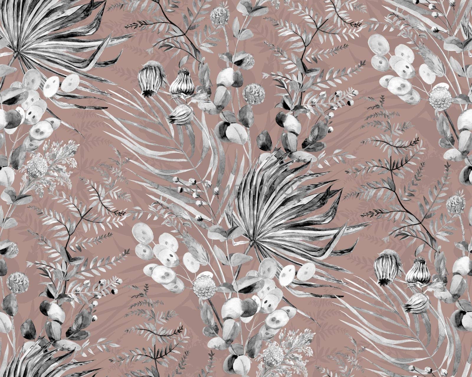 Seamless watercolor monochrome pattern with tropical palm leaves and herbs