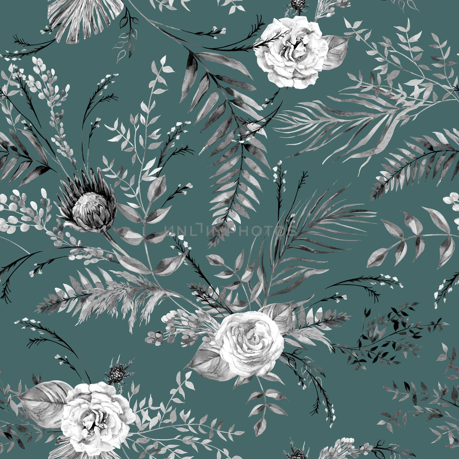 Watercolor vintage black and white seamless pattern with flowers of delicate roses and tropical palm leaves