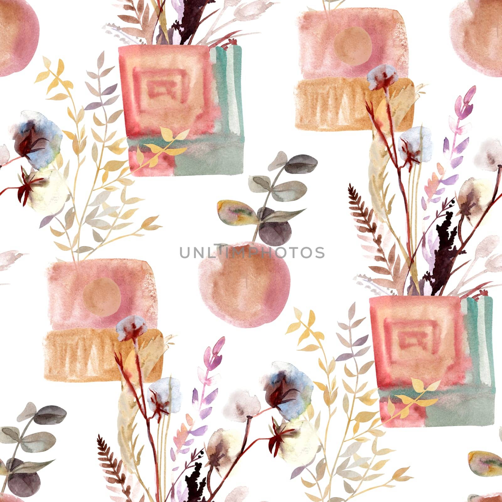 Seamless pattern with dried flowers in vases with sprigs of dried flowers of eucalyptus and cotton in boho style for textile and surface design