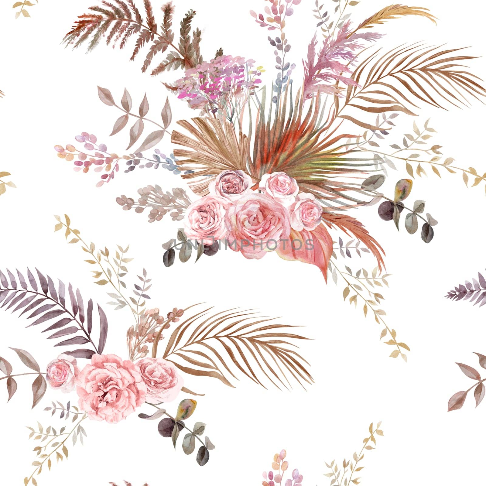 Seamless watercolor pattern with herbarium of tropical palm leaves and delicate roses for textile and surface design