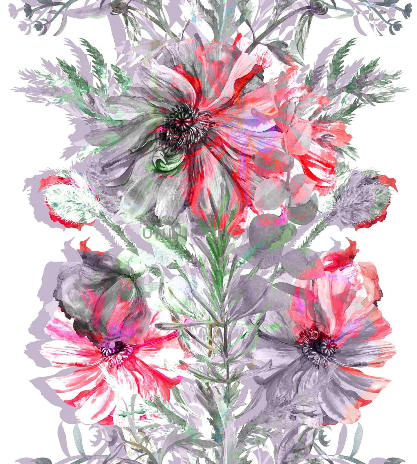 Mix of botanical silhouettes for wallpaper and wall decor. Vertical floral seamless border with red poppy flowers.