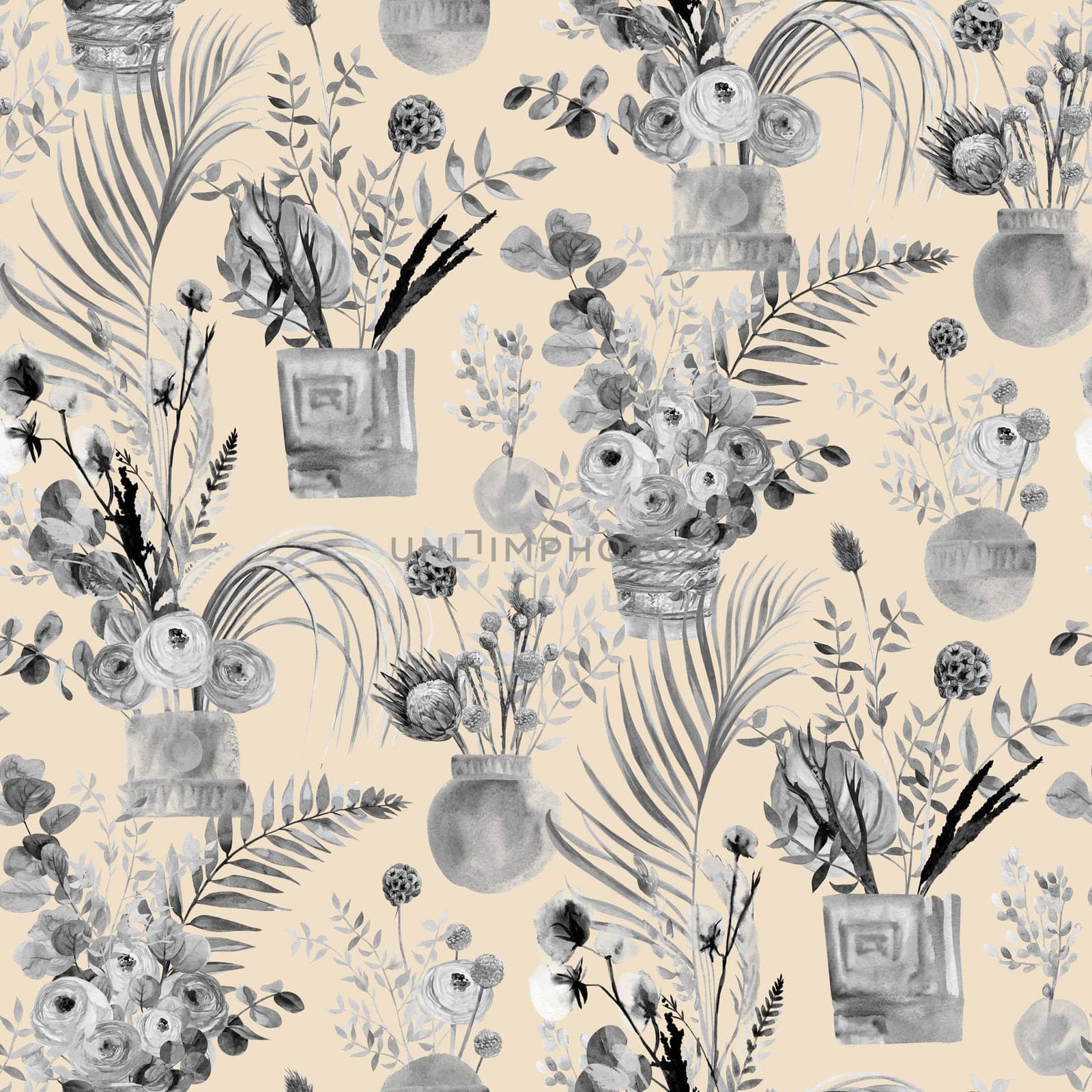 Watercolor pattern in black and white shades with branches of dried flowers for textile