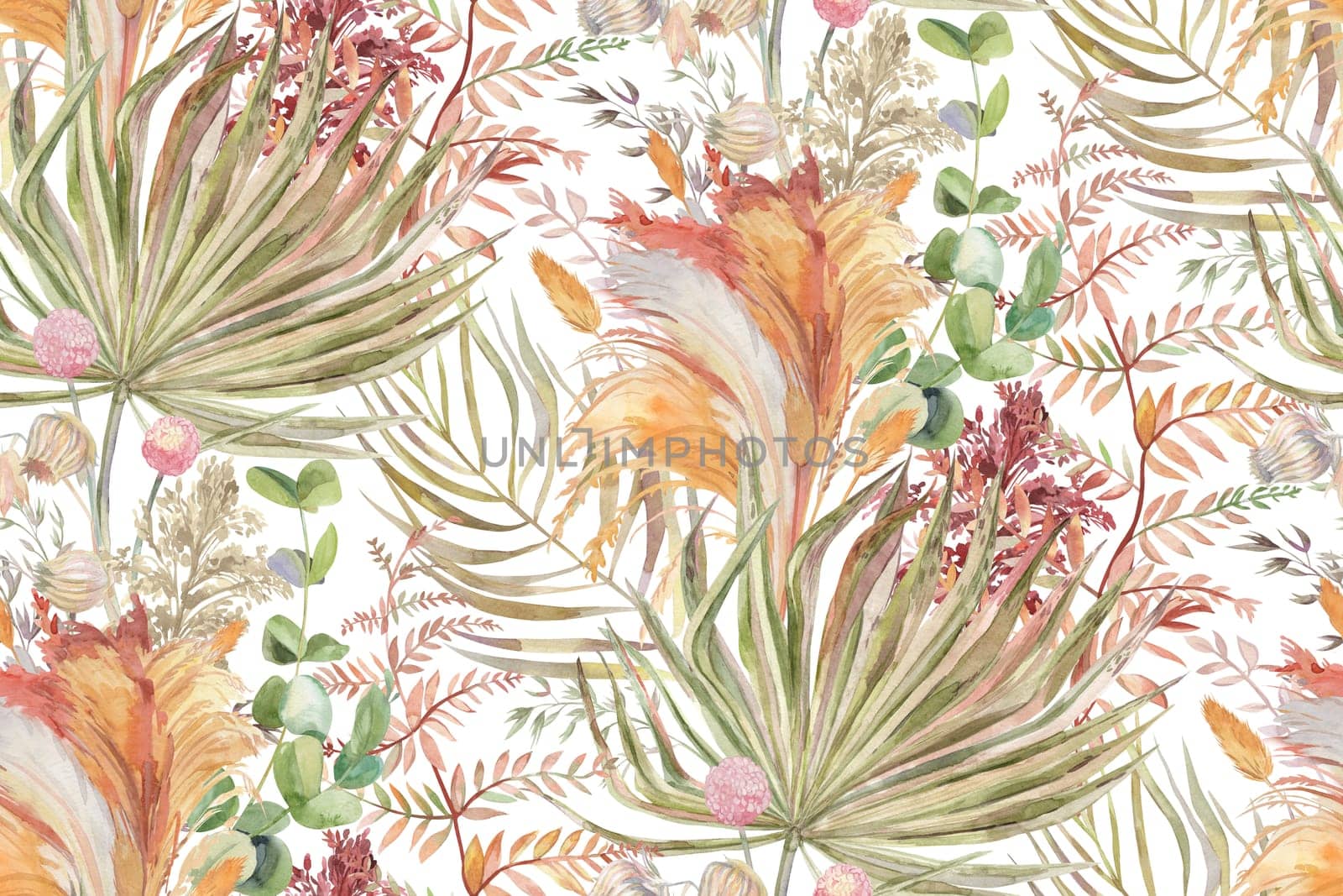 Seamless pattern with herbs and palm leaves and pampas grass for textile