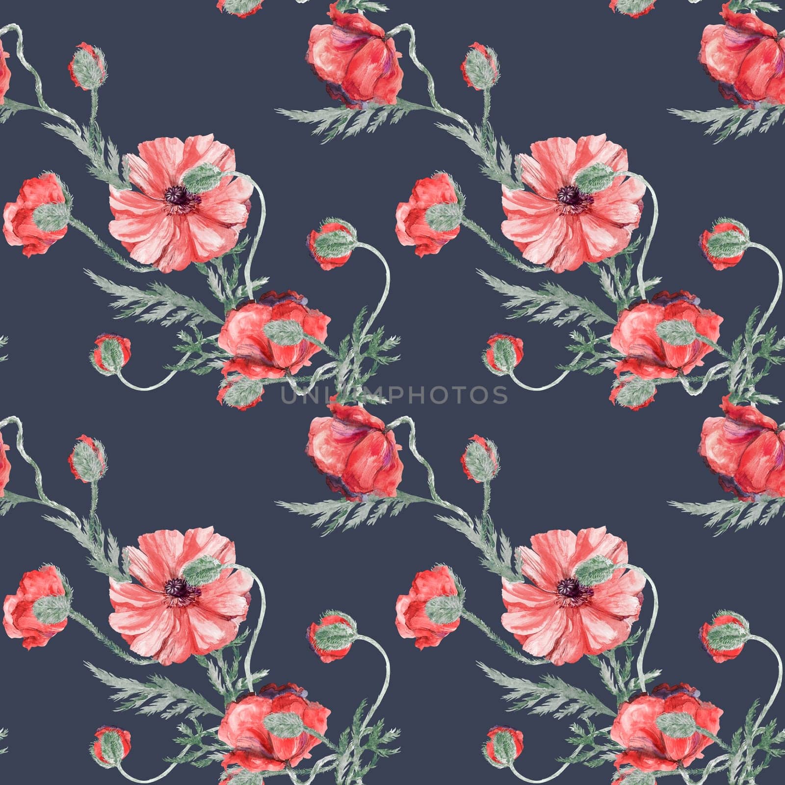 Seamless pattern in vintage style with red poppies on a blue background for summer textiles and surface design. Summer botanical motif.