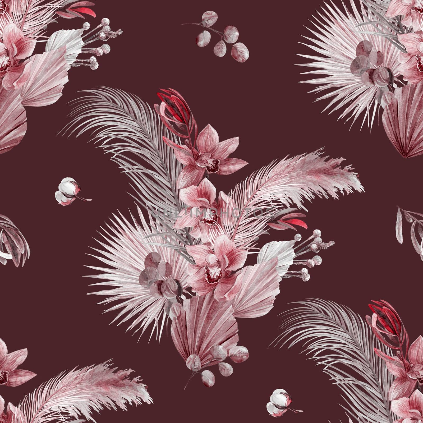 Watercolor seamless monochrome pattern with herbarium of dry palm leaves and orchid flowers on a dark burgundy background