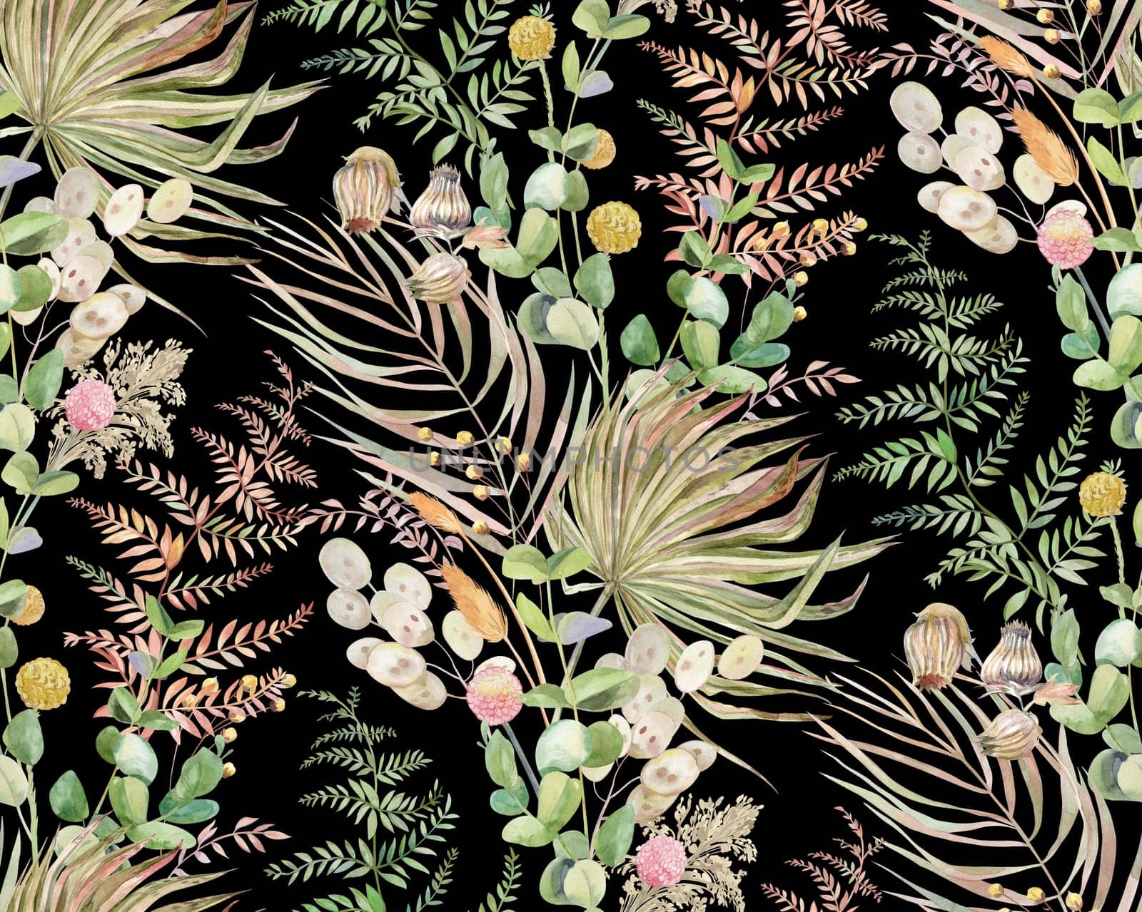 Seamless watercolor botanical pattern with tropical palm leaves and herbs in boho style for textile