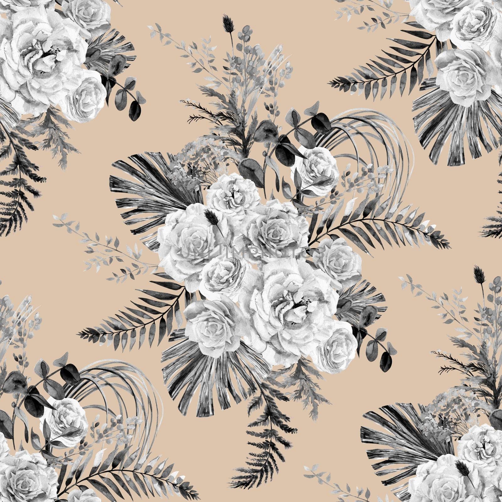 Watercolor vintage black and white seamless pattern with a herbarium of white rose flowers and tropical palm leaves for summer textiles of women is dresses and clothes in natural shades