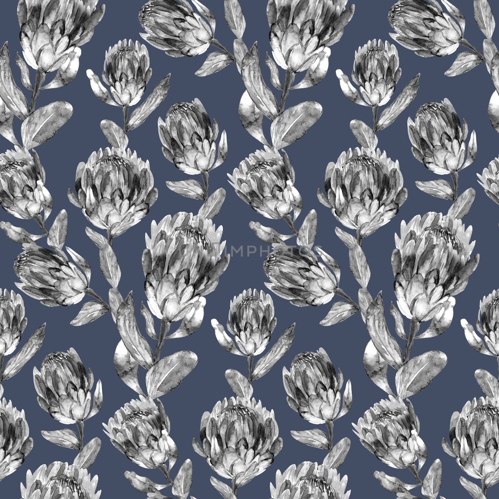 Seamless monochrome watercolor pattern with vertical protea flowers for textile and surface design