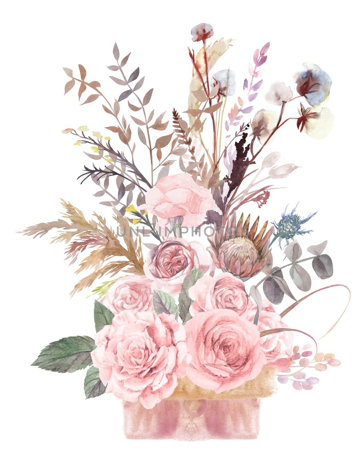 Watercolor bouquet with rose and palm leaves and tropical dried flowers for wall decor and postcards isolated on white background