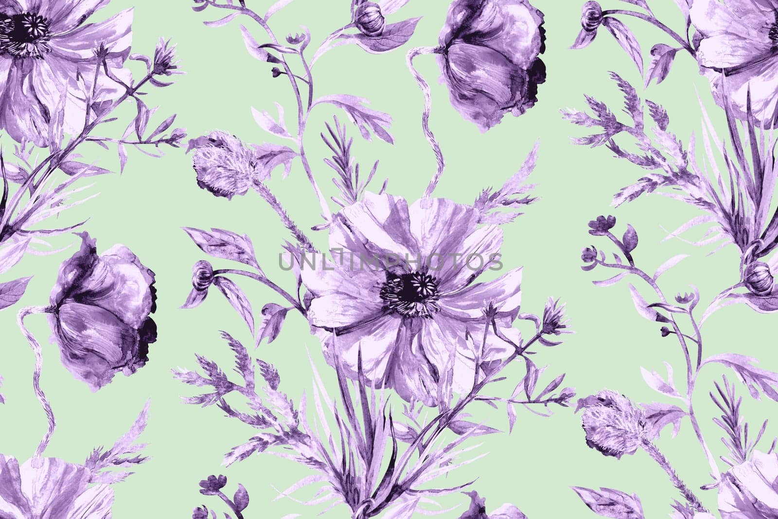 Seamless summer watercolor pattern with monochrome watercolor poppies in purple shades on a light green background for the design of textiles and surfaces