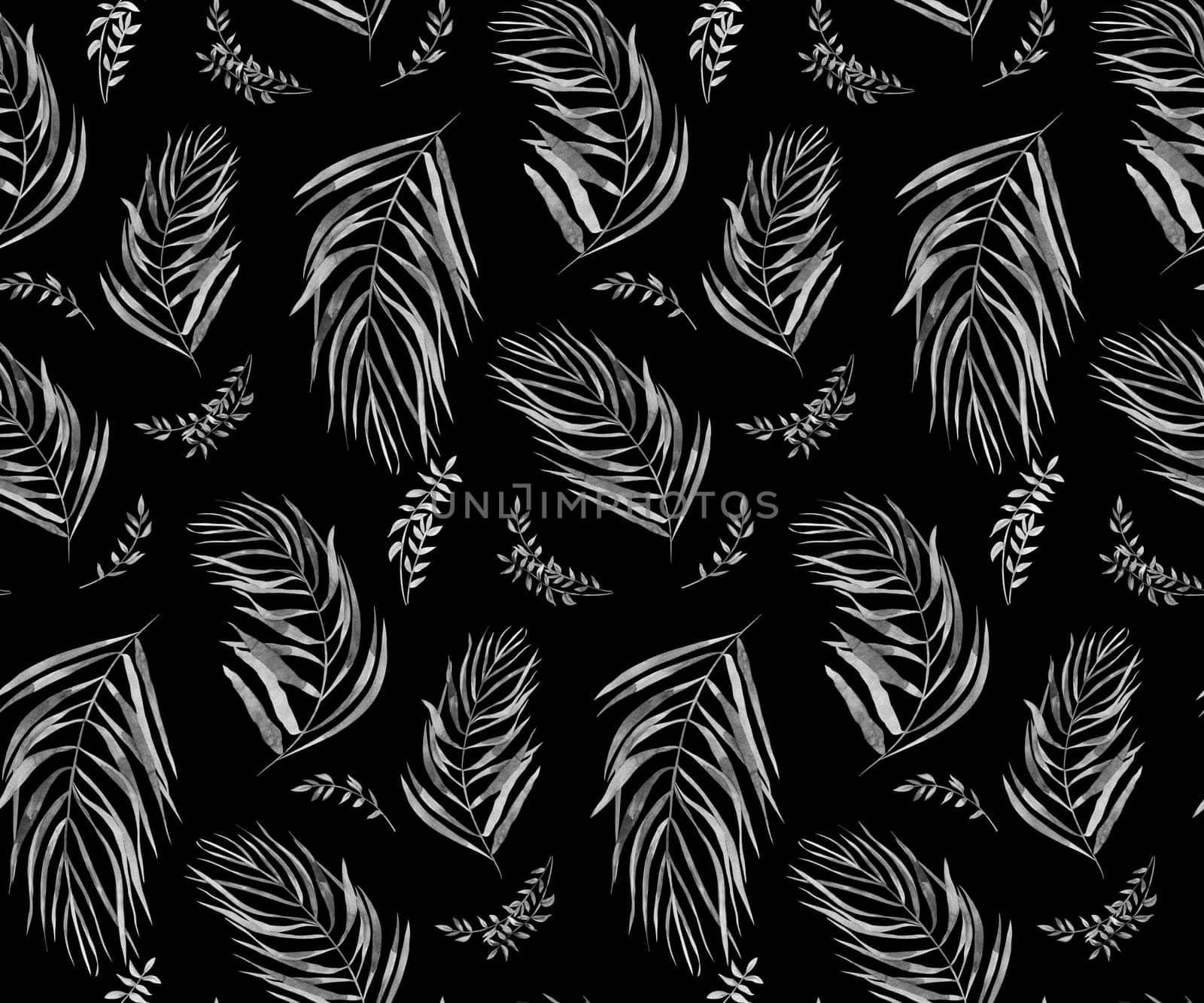Monochrome watercolor seamless pattern with herbarium of flowers and tropical palm leaves