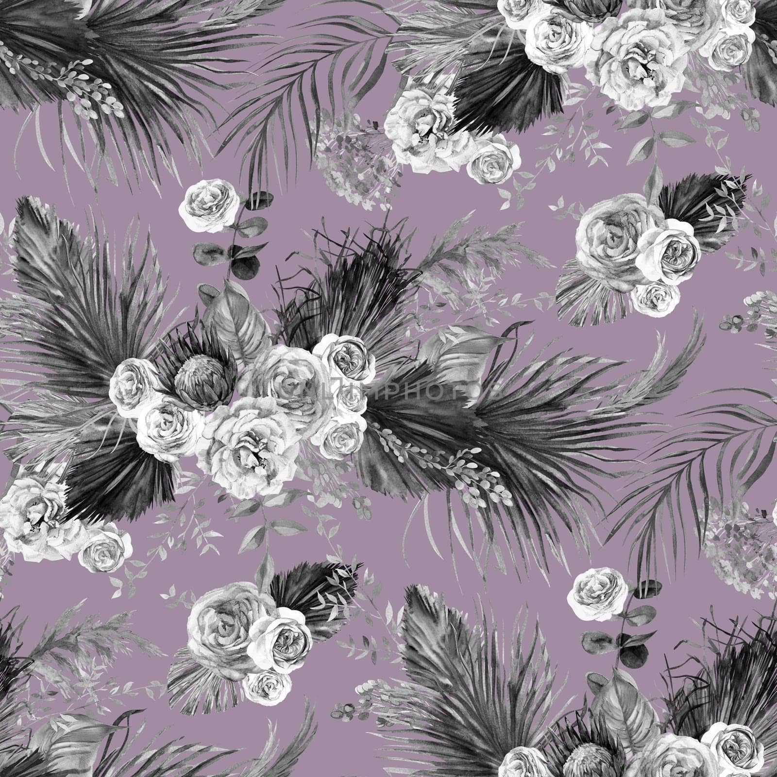 Watercolor vintage black and white seamless pattern with flowers of delicate roses and tropical palm leaves for summer textiles and surface design on purple background