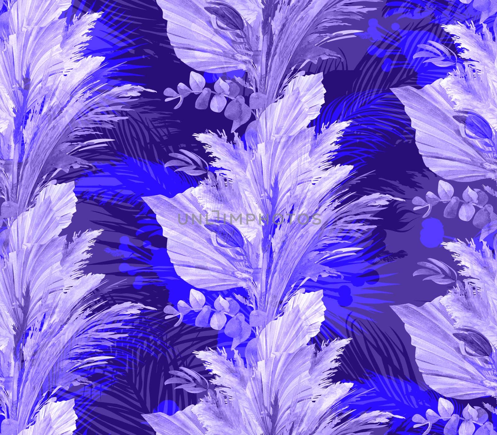 Seamless monochrome summer pattern with blue and purple silhouettes of dry palm leaves of various shapes on a blue background. Mix of botanical tropical silhouettes for textile and surface design