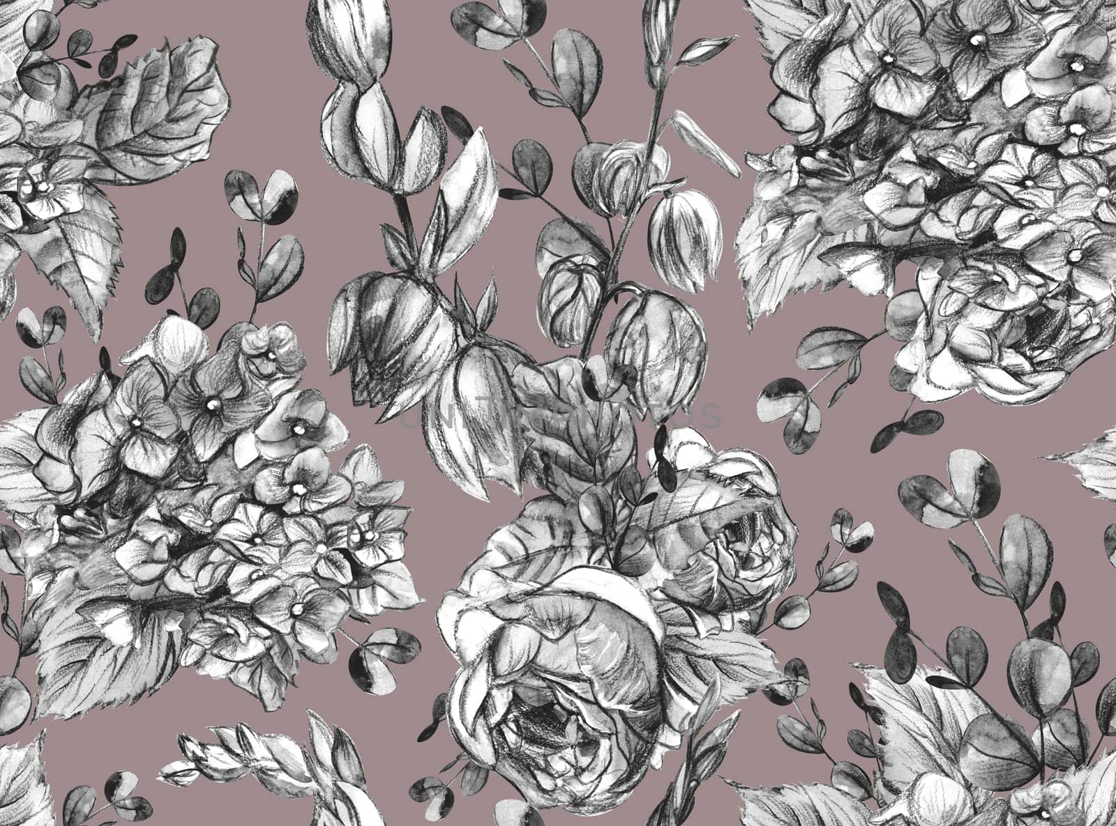 Seamless black-white floral pattern with hydrangeas and roses drawn in pencil and watercolor in vintage style on a brown background