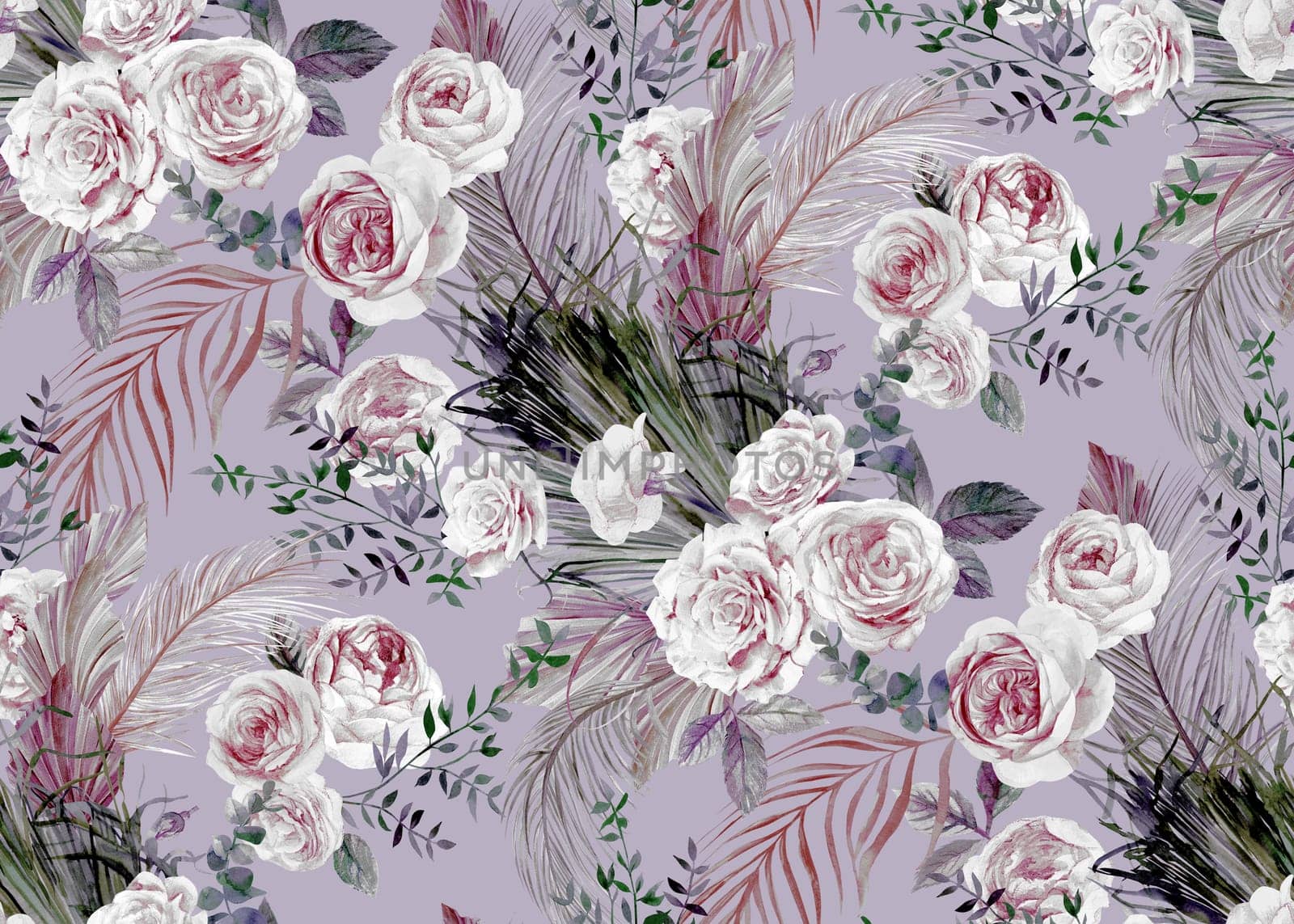 Seamles purple pattern with cute roses and tropical leaves of palm for textile