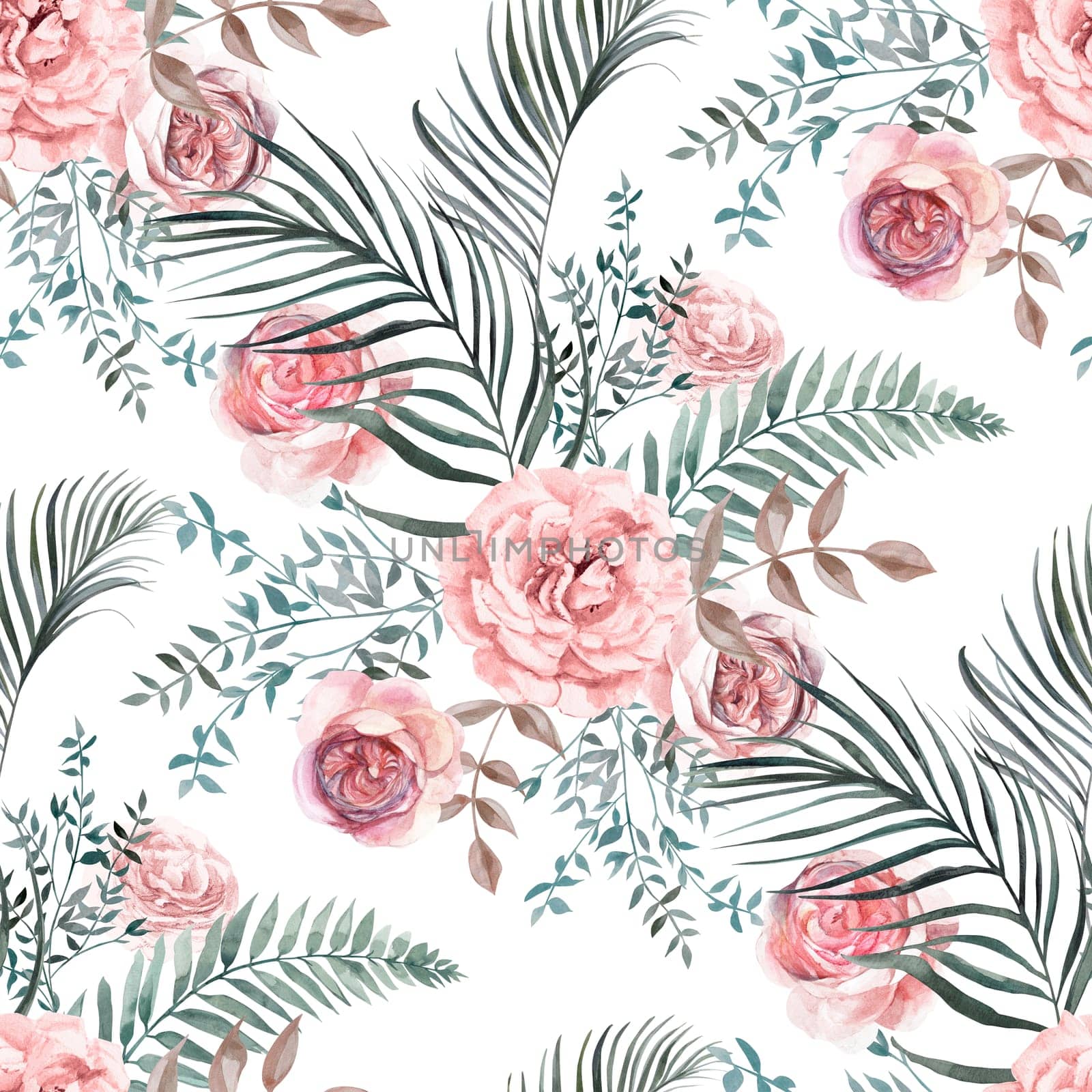 Seamless watercolor pattern with a Bouquet of roses and tropical dried flowers in Boho style painted in watercolor for textile and fabrics