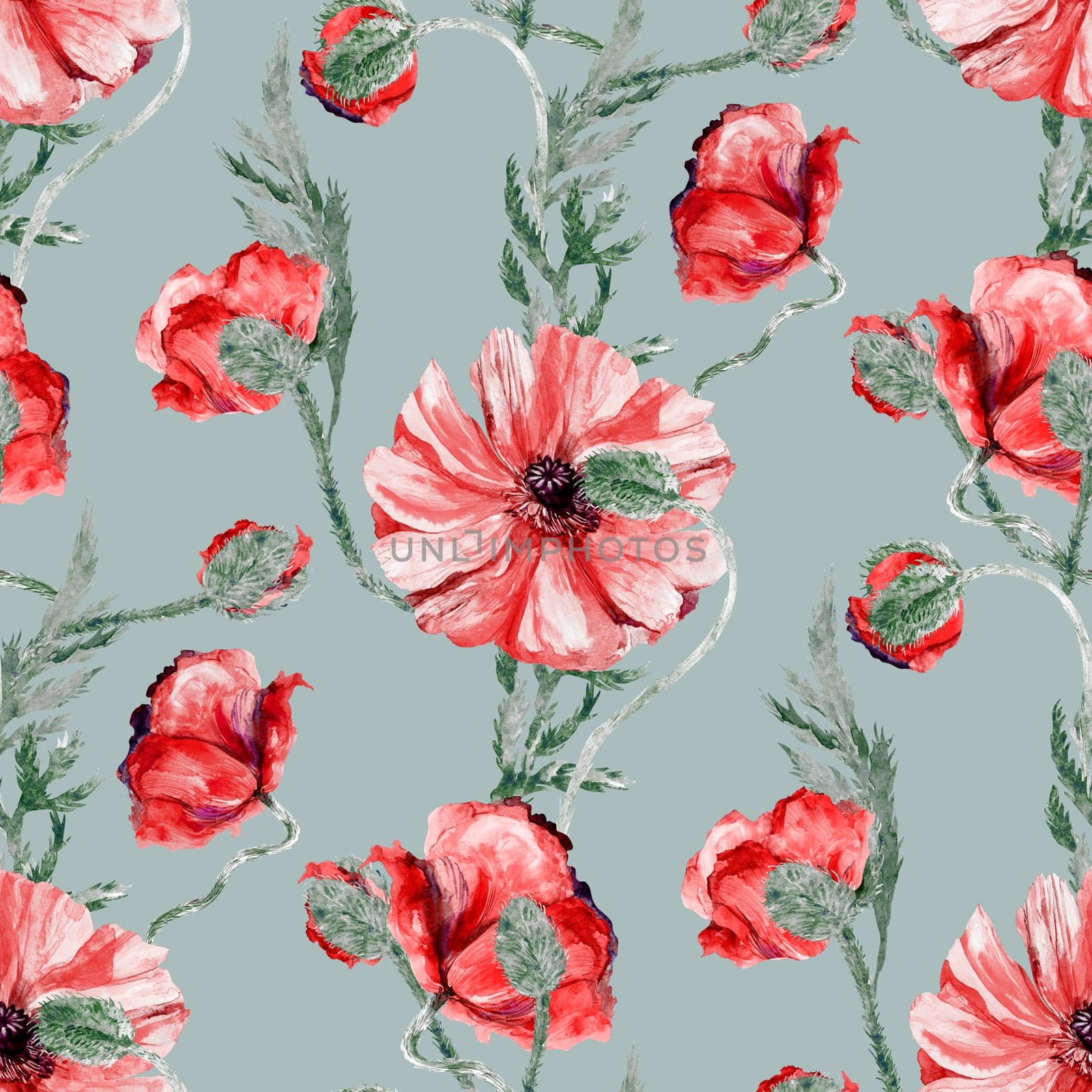 Realistic botanical motif with red poppies on gray background for textile and surface design. Watercolor seamless pattern