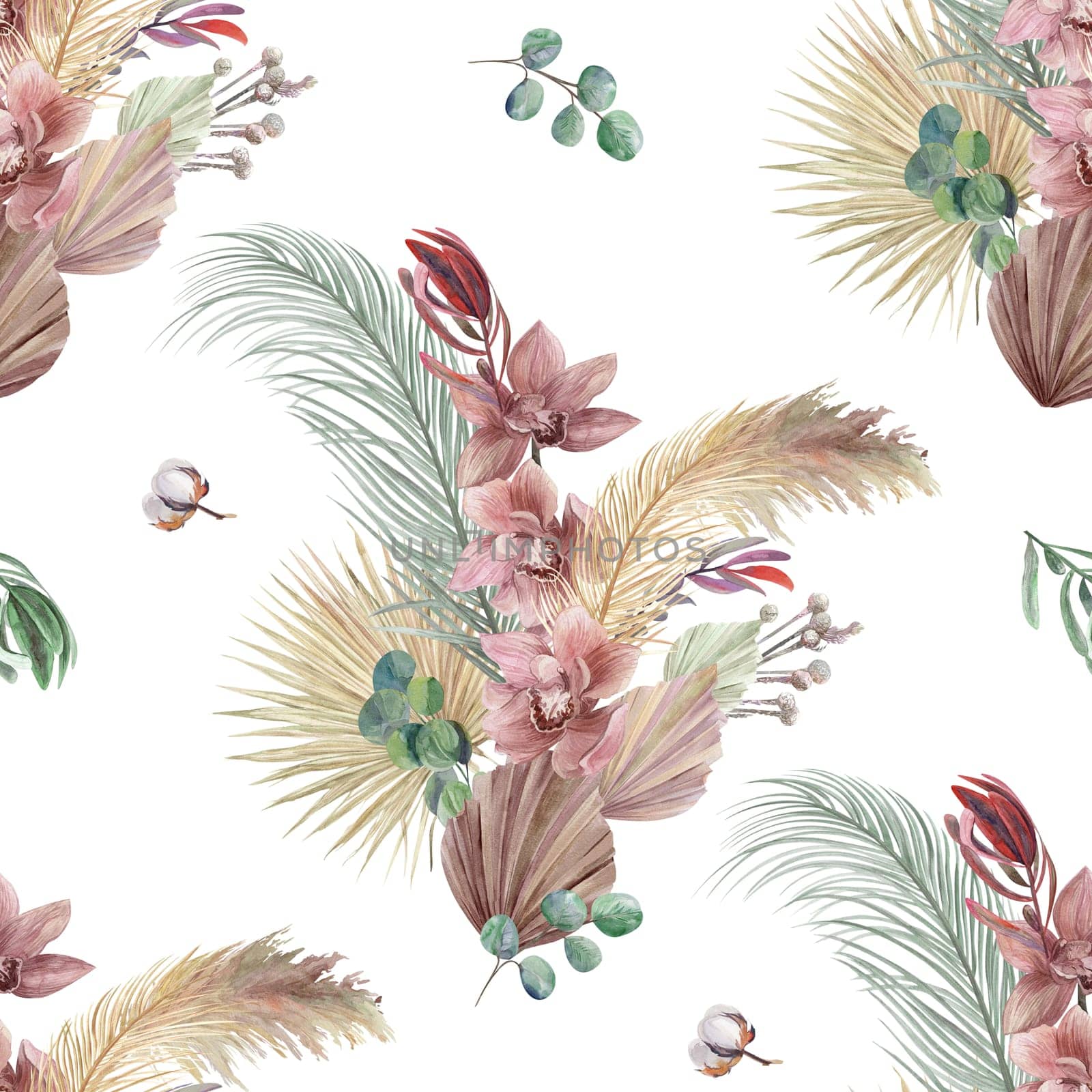 watercolor seamless pattern with orchid flowers and dry palm leaves on a white background in boho style. Botanical summer motif for textile and surface design