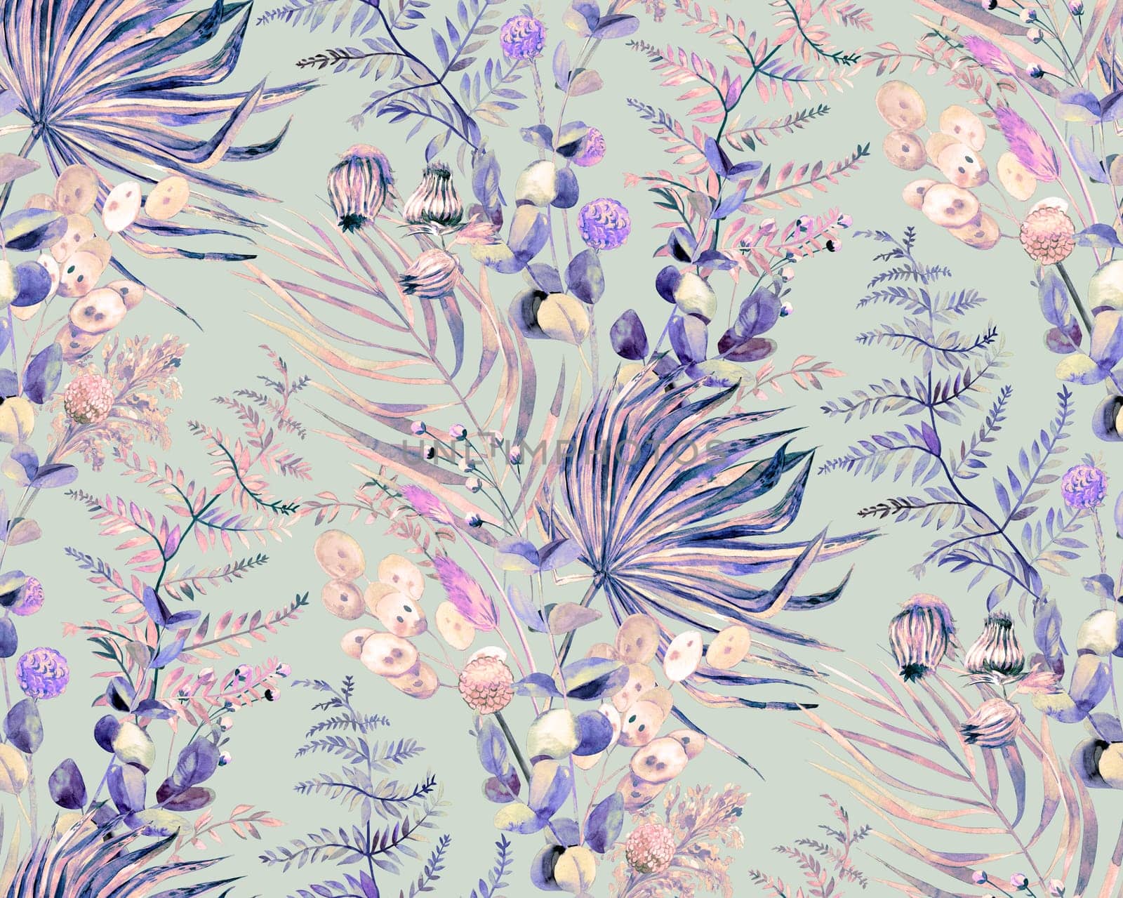 Seamless watercolor botanical pattern with tropical palm leaves and herbs in boho style