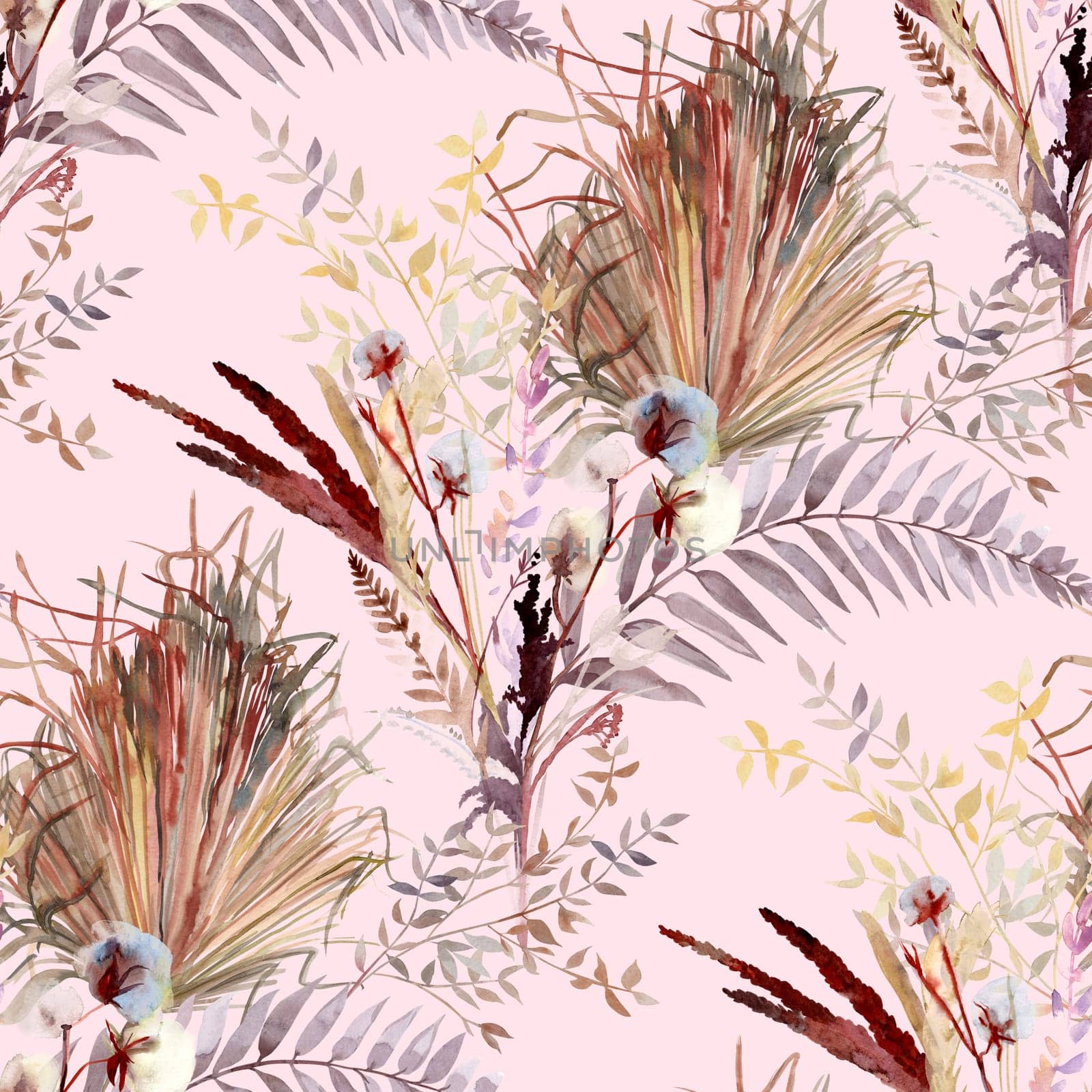 Seamless watercolor pattern with tropical branches of dry palm branches and fern leaves in boho style drawn for summer clothing textile and surface design