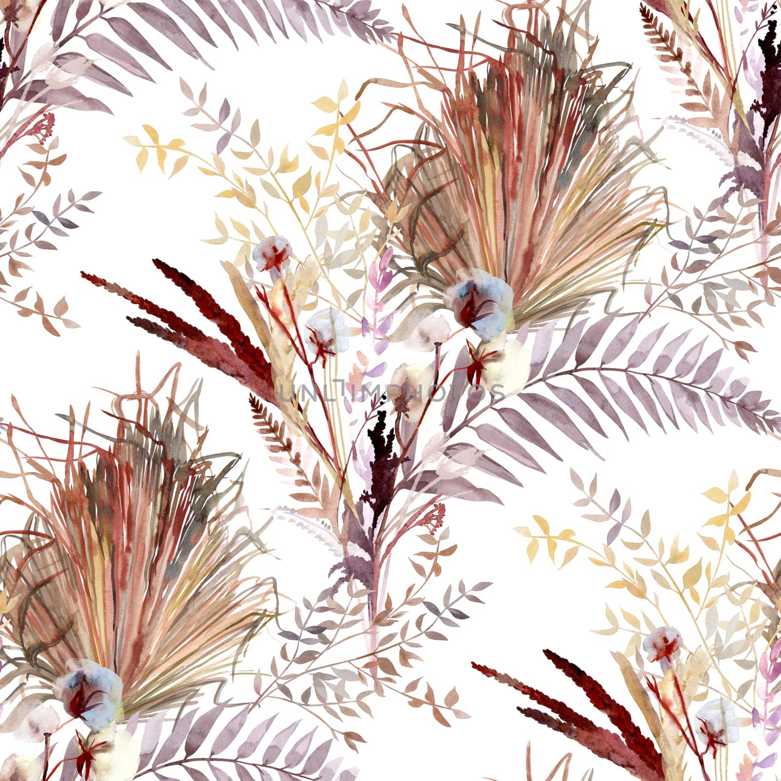 Seamless watercolor pattern with tropical branches of dry palm branches and fern leaves in boho style drawn for summer clothing textile and surface design