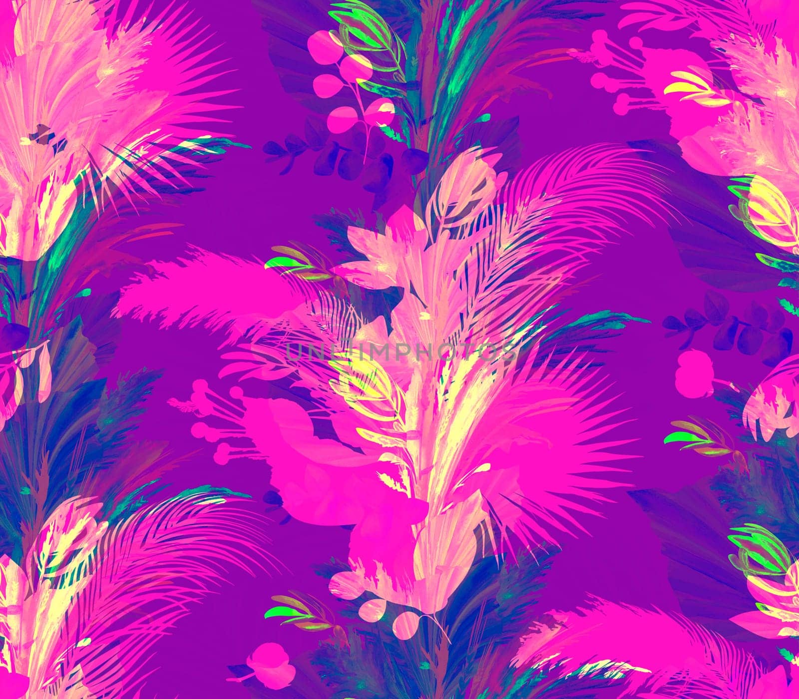 Bright summer seamless pattern with mix of botanical silhouettes in pink and purple shades for modern textile and surface design