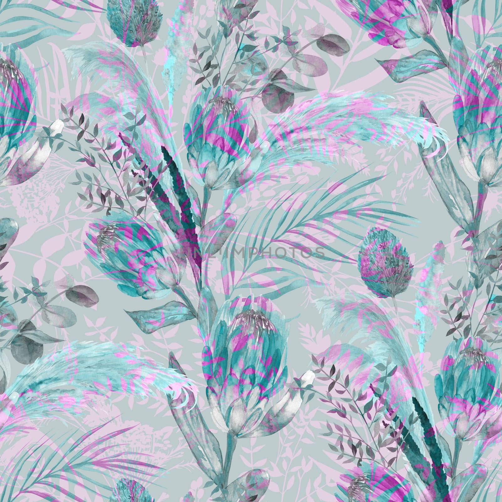 Seamless watercolor mix pattern with monochrome black and white branches and fern leaves in boho style drawn