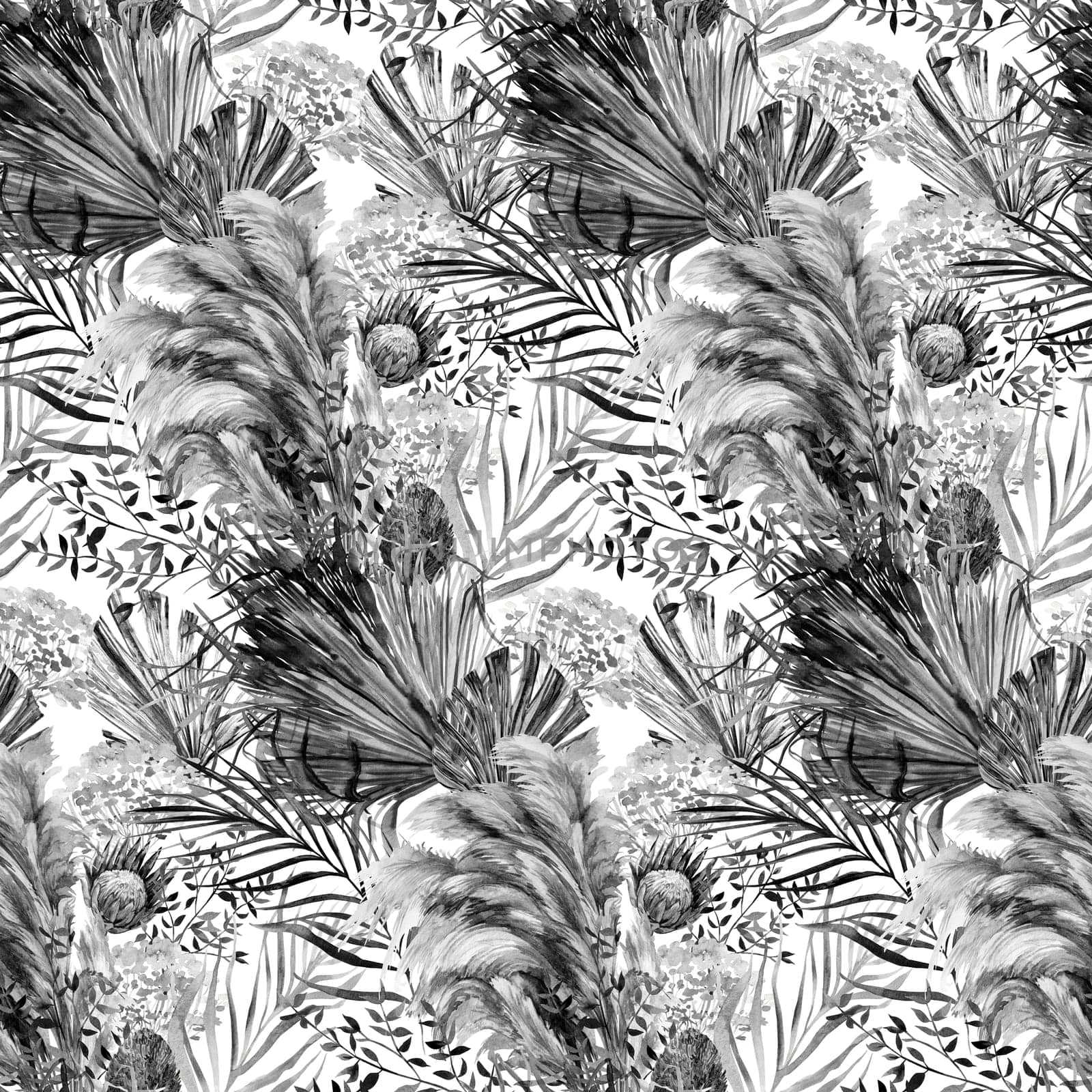 Monochrome watercolor seamless pattern with herbarium of protea flowers and tropical palm leaves on white by MarinaVoyush