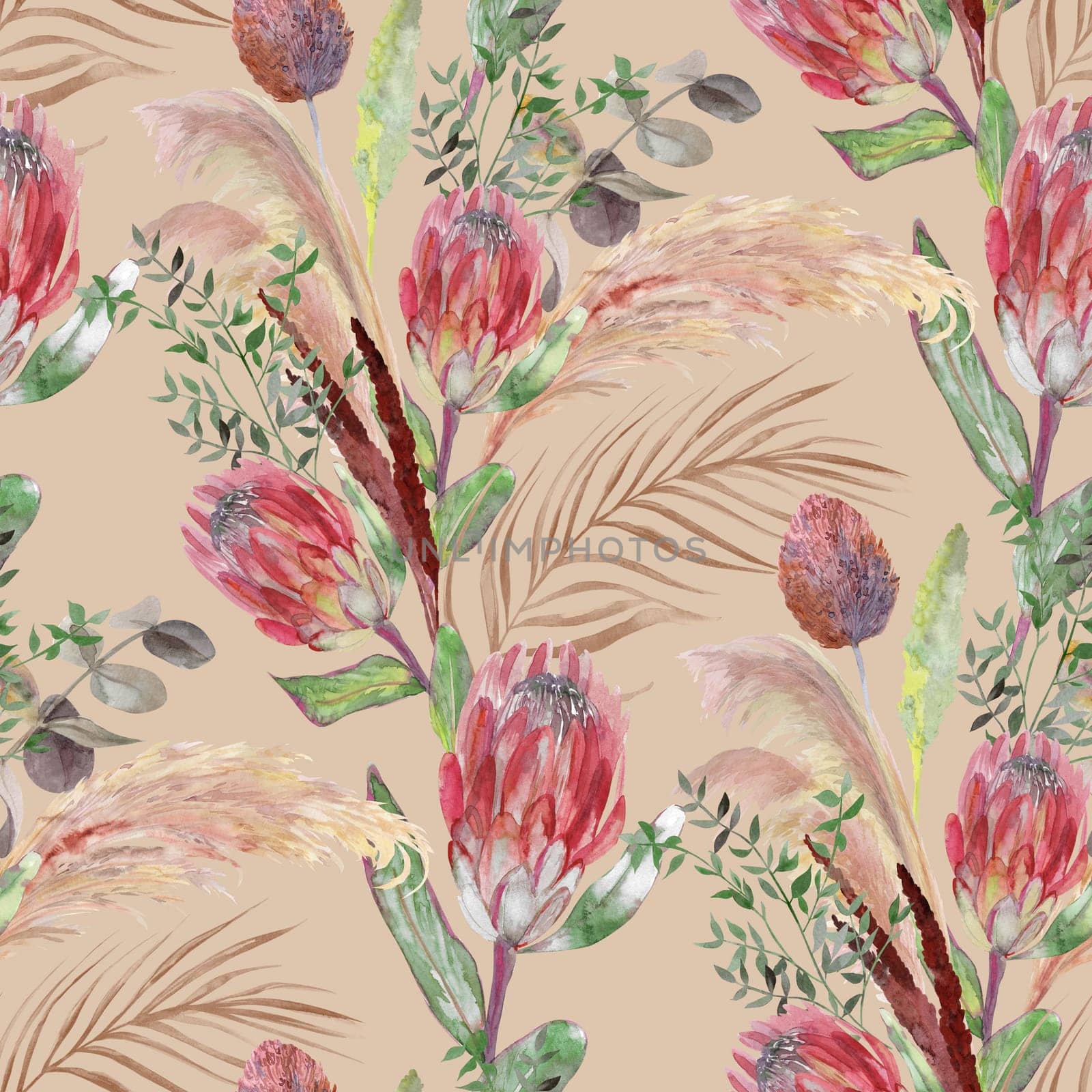 Watercolor seamless pattern with a herbarium of protea flowers and tropical palm leaves for summer textiles of women is dresses