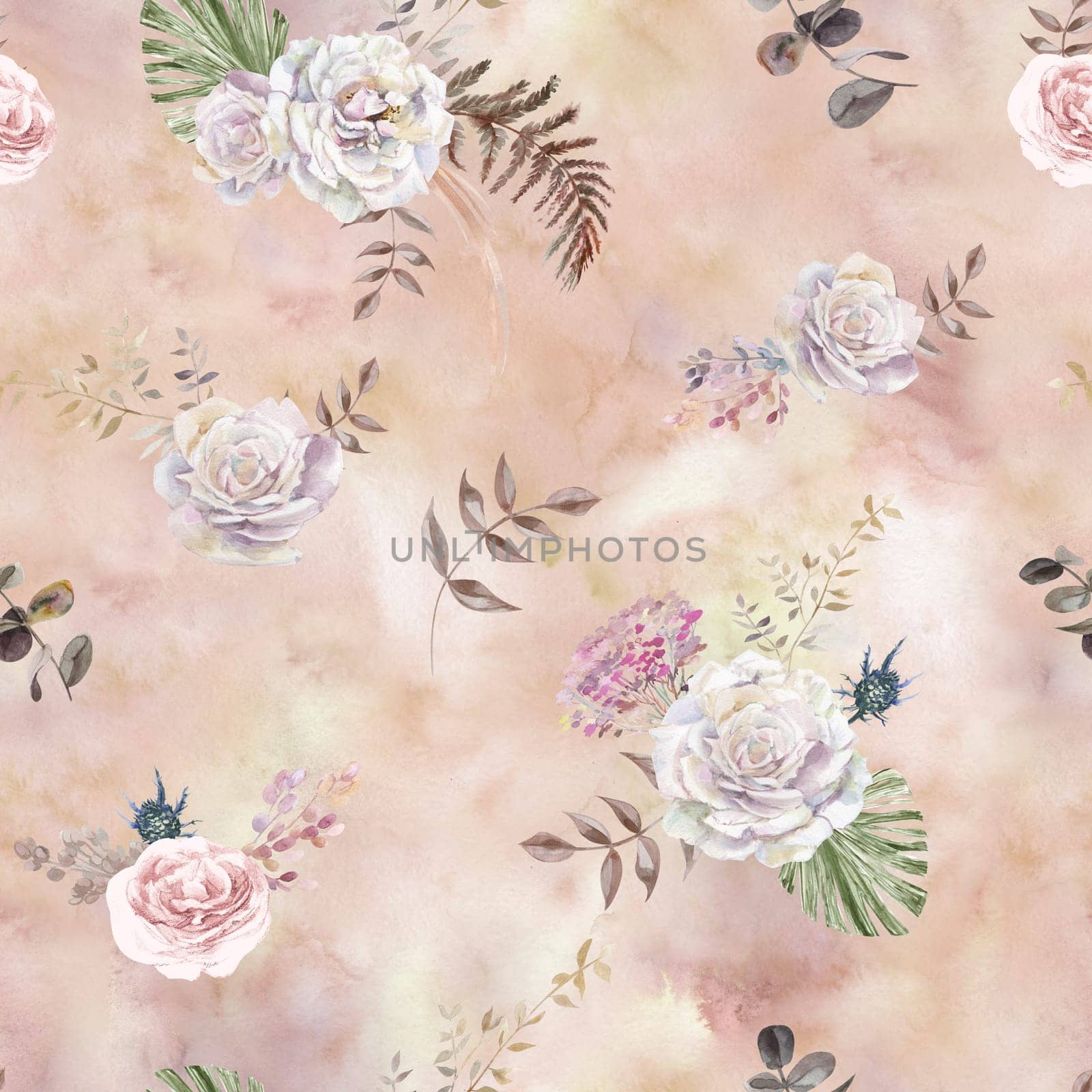 Seamless watercolor pattern with a flowers of roses and tropical herbarium in Boho style painted in watercolor for textile and fabrics