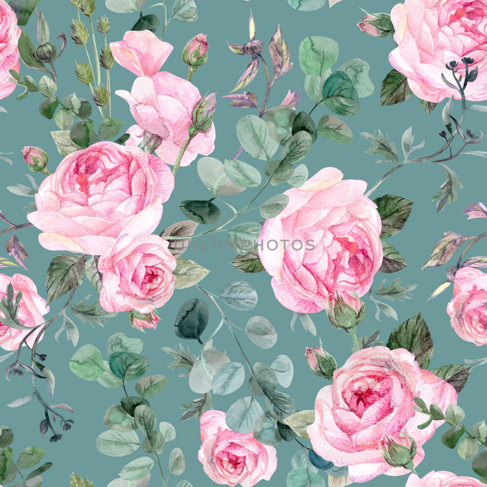 Retro seamless pattern with delicate roses and branches on a green background by MarinaVoyush