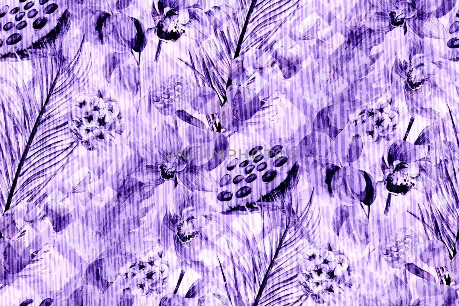 watercolor monochrome purple seamless tropical pattern with dried flowers herbarium with orchid flower. fashion layered botanical composition with tropical dried flowers and vertical stripes and rhombuses
