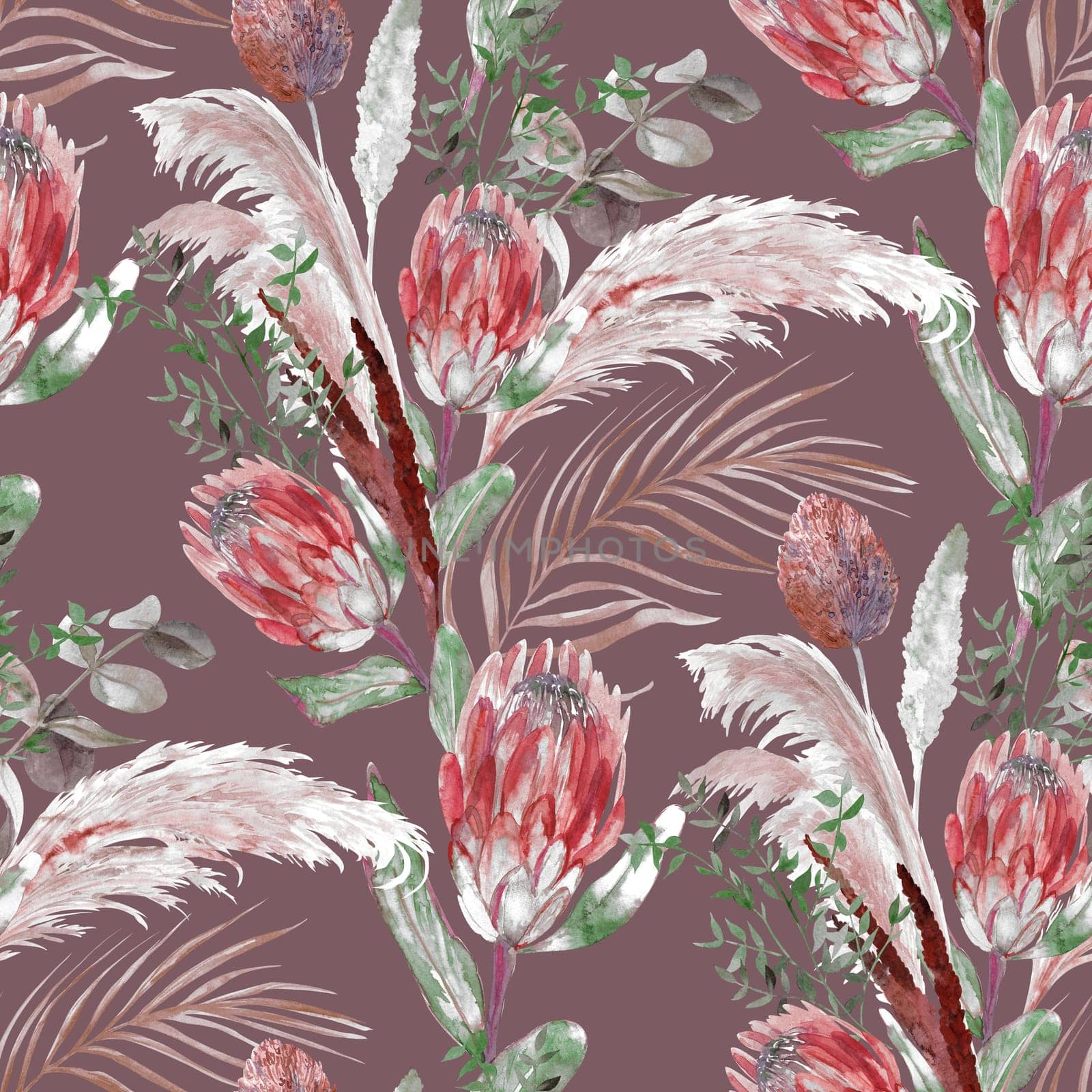 Watercolor seamless pattern with a herbarium of protea flowers by MarinaVoyush