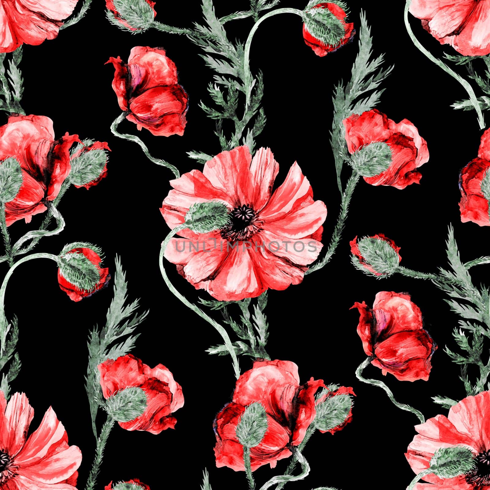 Seamless realistic botanical watercolor pattern with red poppies on a black background by MarinaVoyush