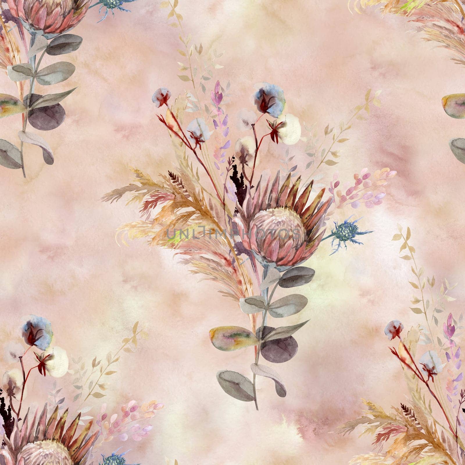 Botanical seamless pattern with bouquet of dried protea flowers and tropical dried flowers on beige backgroun by MarinaVoyush