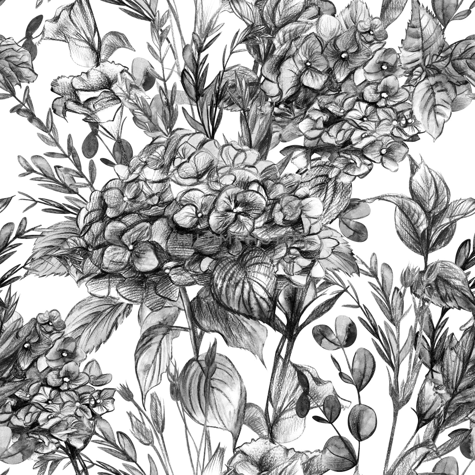 Botanical textile pattern black and white print with hydrangea by MarinaVoyush