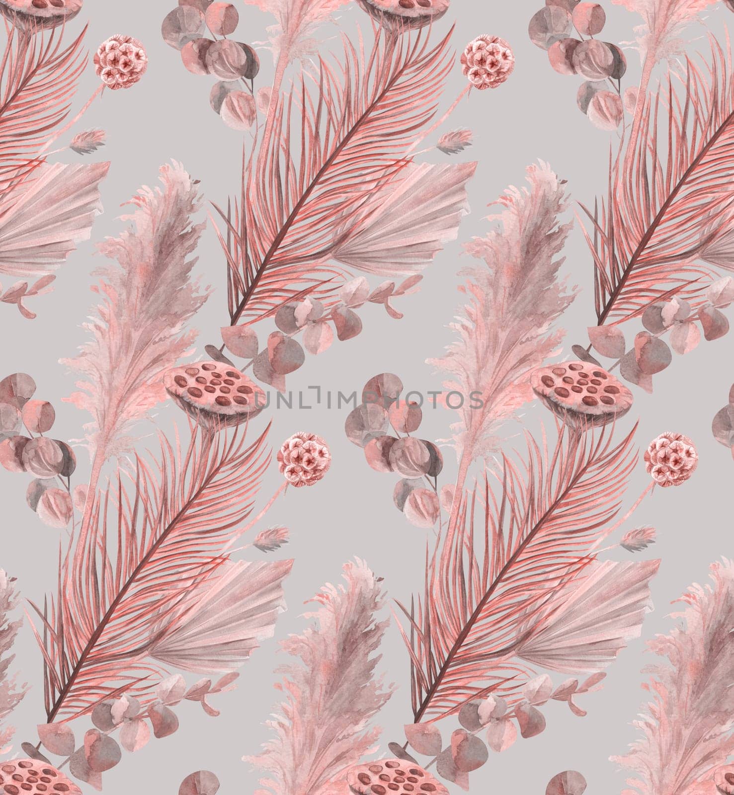 monochrome seamless watercolor pattern with dried flowers and dry palm leaves on gray background for textiles and surface design