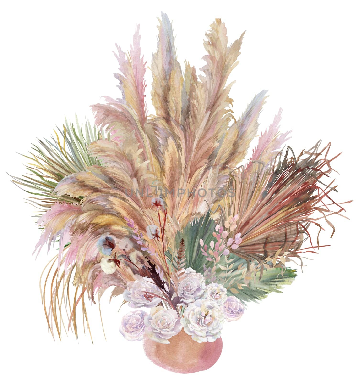 Watercolor vertical bouquet in a boho style vase with white rose flowers with pampas grass dried flowers and dalma sprigs