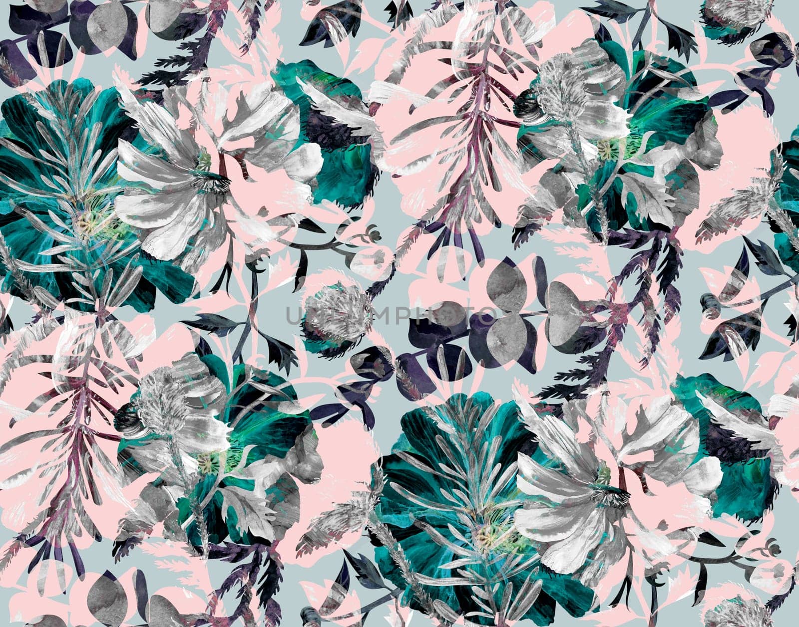 Multilayer botanical seamless pattern. Mix of botanical silhouettes of flowers and herbs for summer textiles and various designs