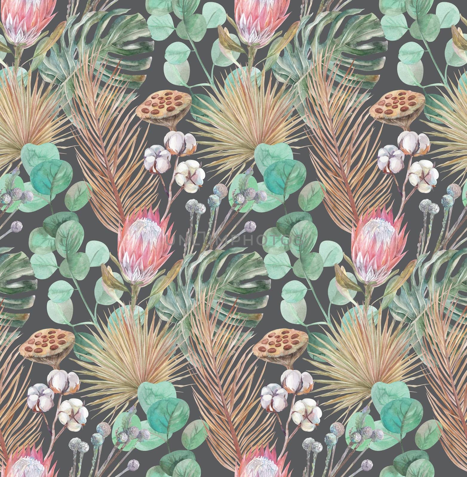 watercolor modern boho pattern with tropical dried flowers and flowers of proteus and monstera n on a gray background for textiles and surface design