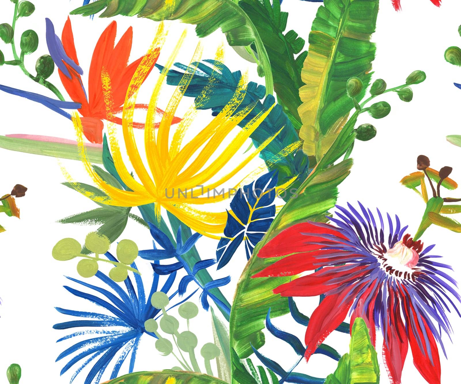 bright seamless pattern with multicolored tropical flowers and leaves painted in drybrush gouache for textile