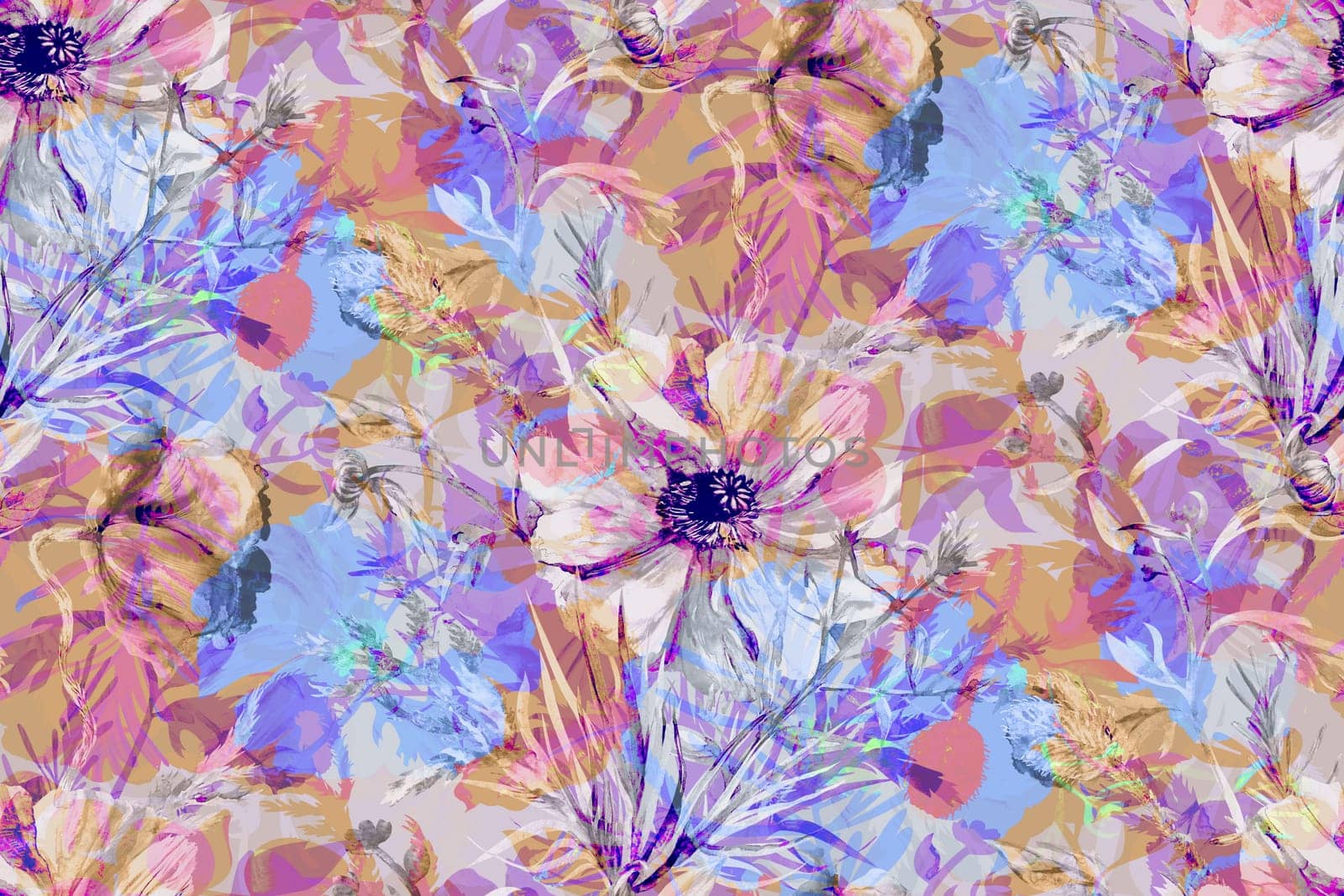 Multicolored summer pattern with poppy flowers and herbs. High quality illustration
