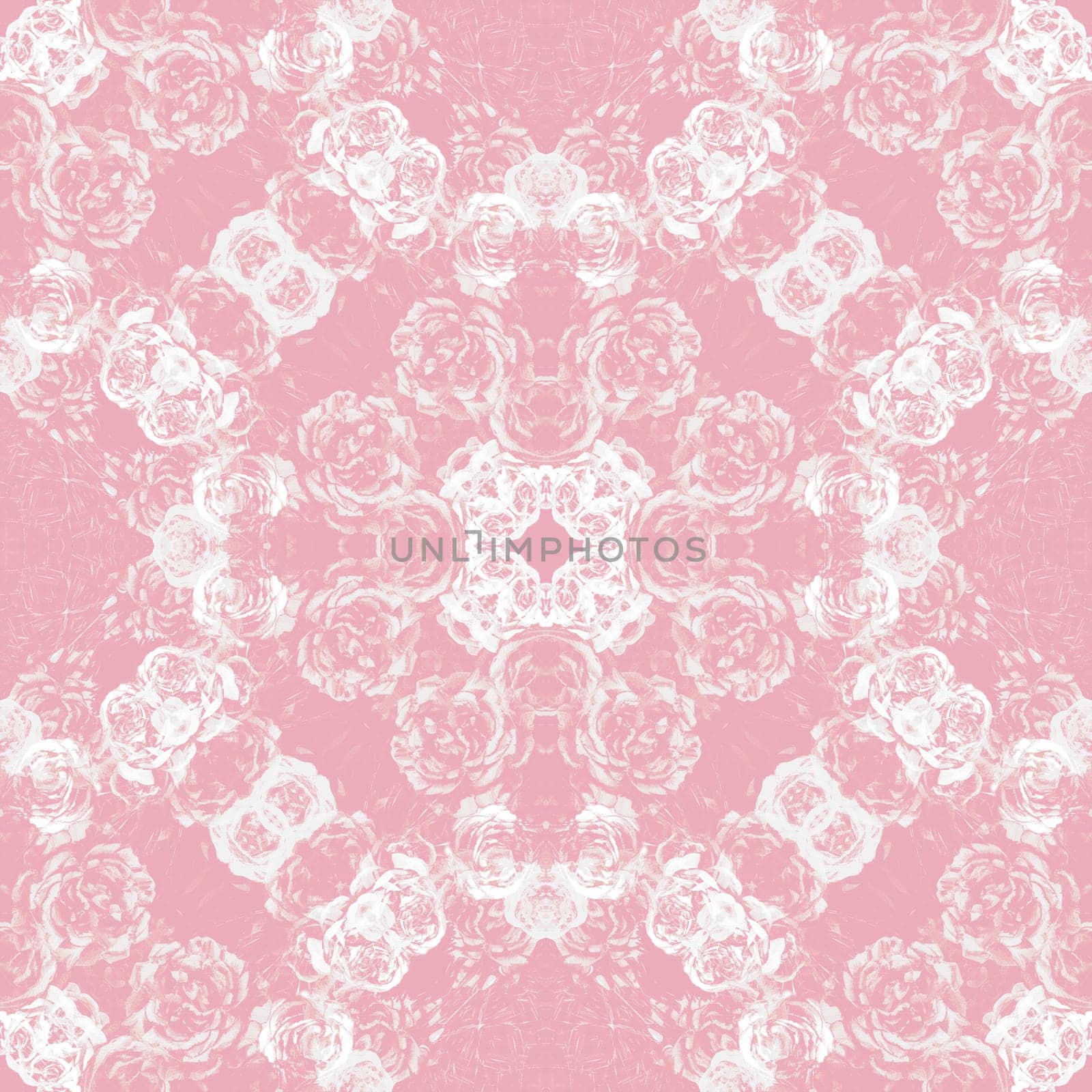 Botanical pink seamless abstract pattern with silhouettes of roses flowers for vibrant summer textile and surface design. Layered mix in pink color with symmetrical white roses